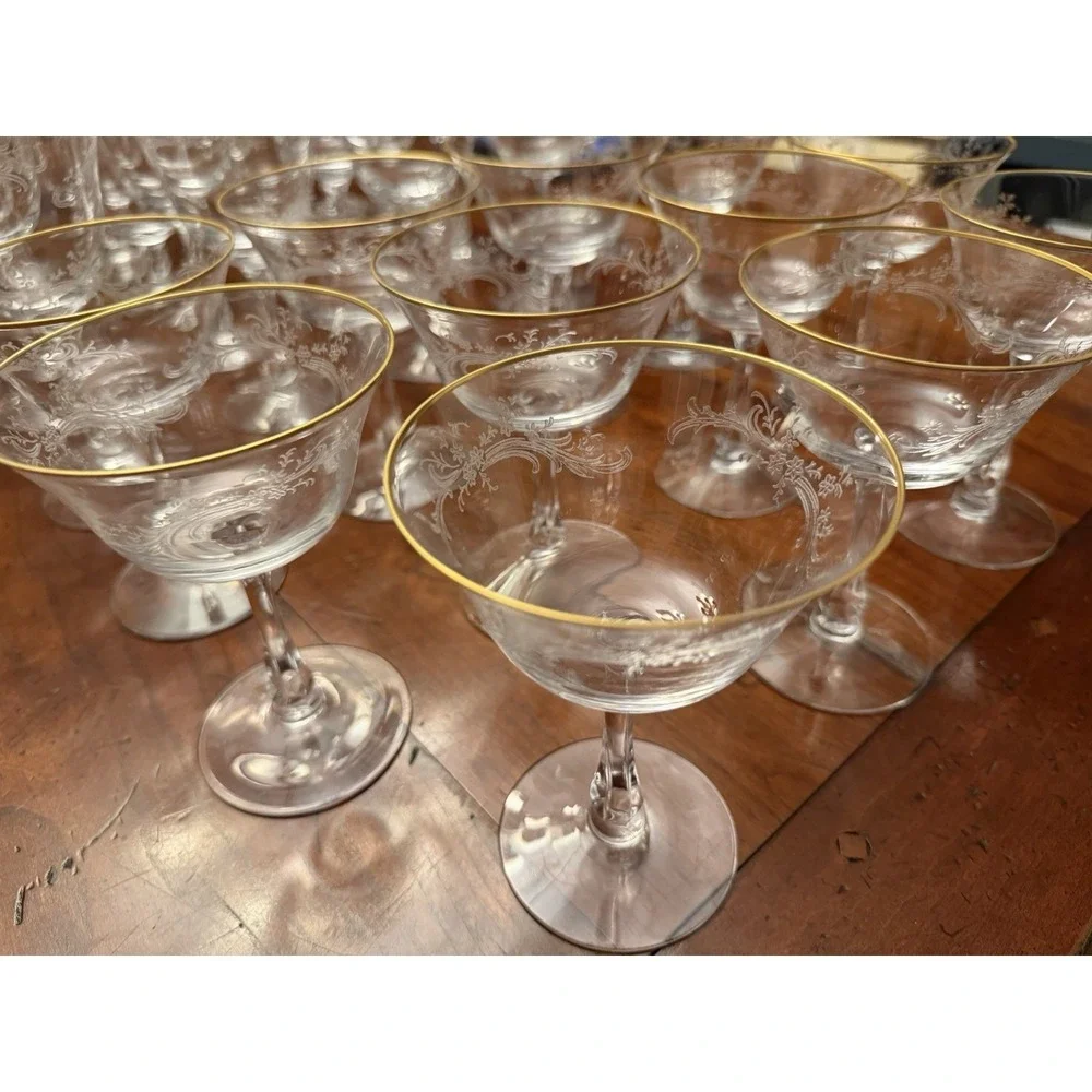 Golden‎ Lace by Fostoria Champagne Tall Sherbert Set of 10 Vintage Etched w/Gold